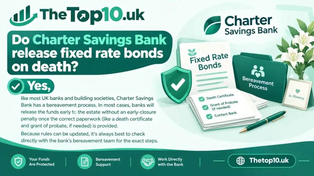 Do Charter Savings Bank release fixed rate bonds on death?